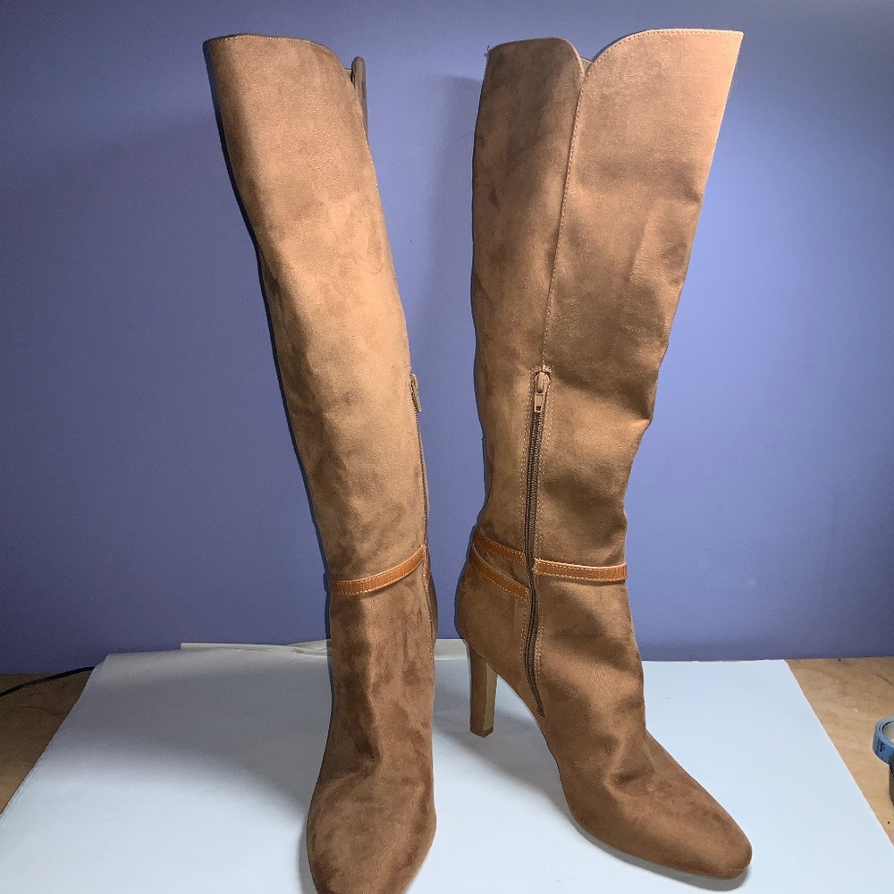 Express faux suede tall boots Sz 10 thin heel buckle detail side zip